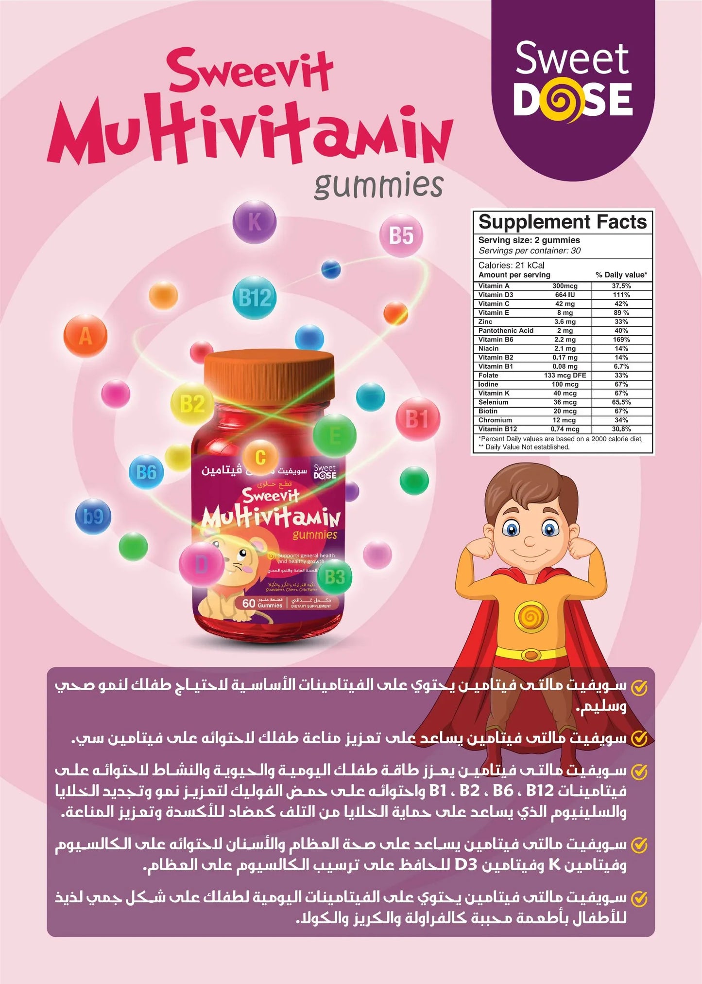 Advertisement for Sweet Dose Sweevit Multivitamin gummies with a colorful design and cartoon character.