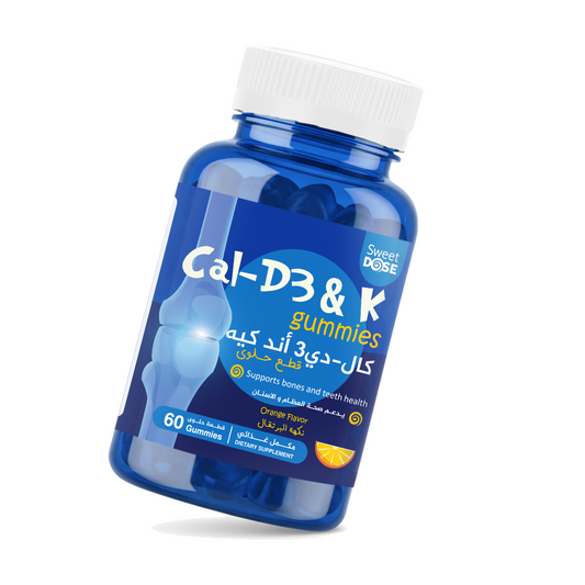 Blue bottle of Cal-D3 & K gummies with a white cap on a white background