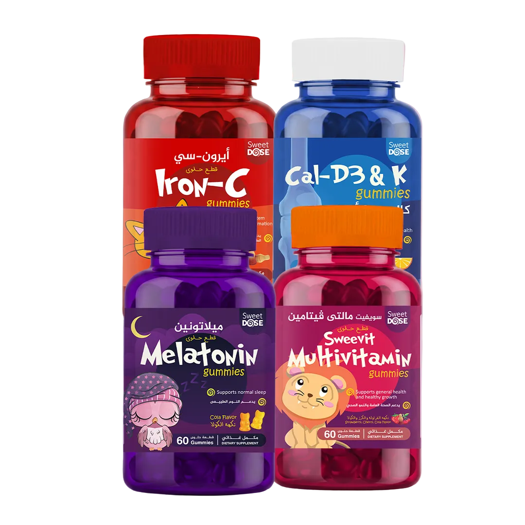 Collection of gummy vitamin bottles with colorful labels on a gradient background