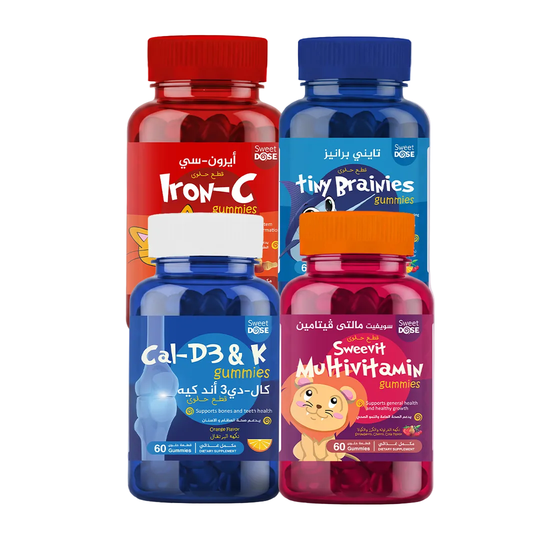 Four bottles of Sweet Dose gummies on a gradient background