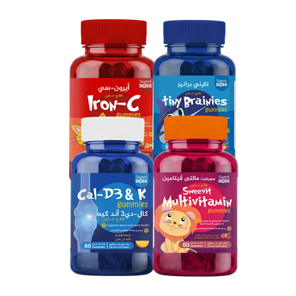 Four bottles of Sweet Dose gummies on a gradient background