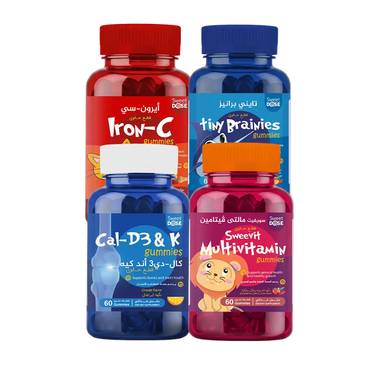 Four bottles of Sweet Dose gummies on a gradient background