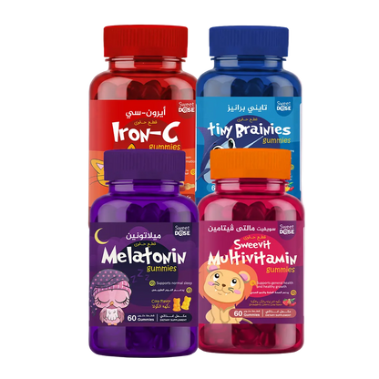 Four bottles of Sweet Dose gummies on a gradient purple background