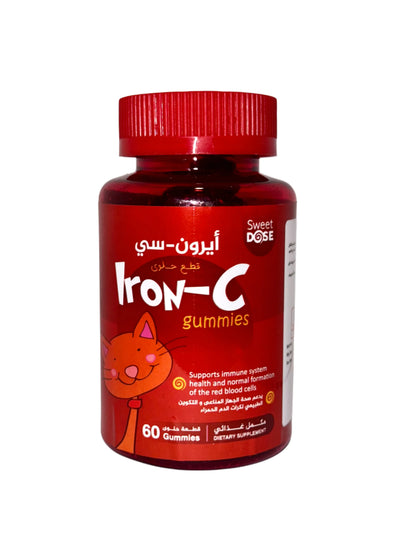 Red bottle of Iron-C gummies with a cat illustration on a white background